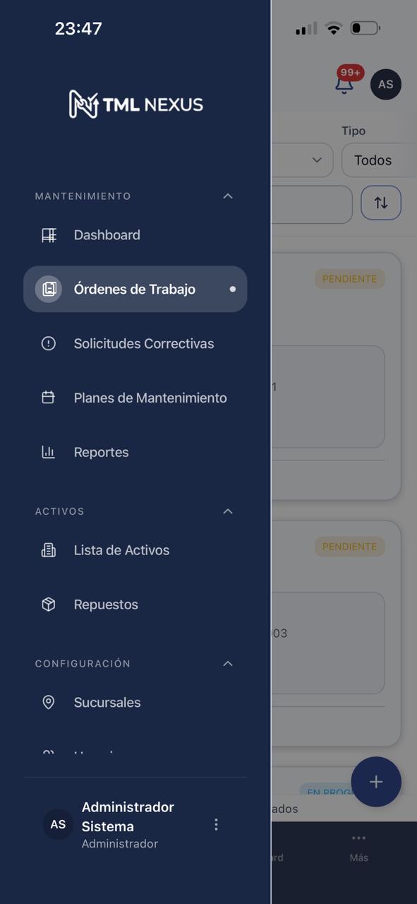 TML NEXUS — Menú de navegación